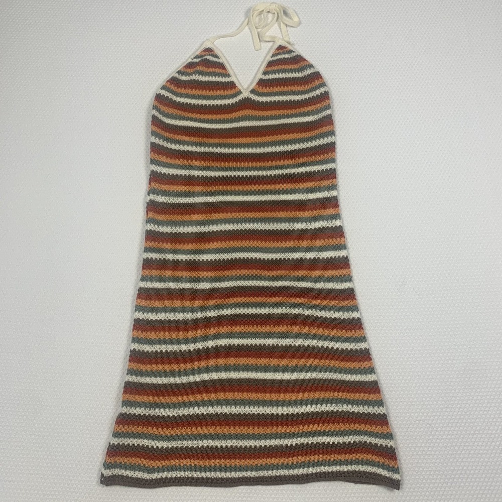 No Comment Crochet Halter Top Dress Womens XL Striped Multicolor Backless V Neck